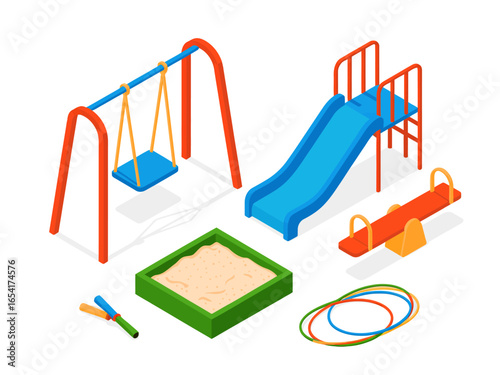 Isometric Playground Illustration Featuring a Swing Set Slide See Saw Sandbox and Hula Hoops for Childrens Fun and Recreation