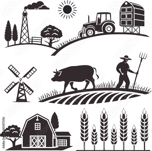 Vector art of farm and agricultural icons including tractor, windmill, barn, cow, and wheat