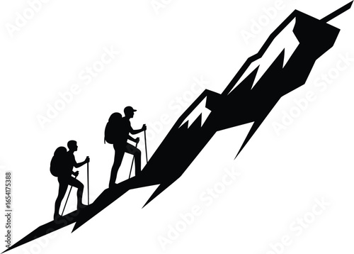Silhouette of two hikers climbing a mountain, symbolizing adventure, challenge, and the pursuit of success in nature