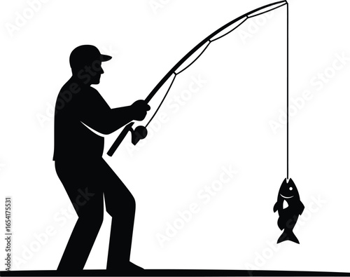 Silhouette of a fisherman catching a fish, showcasing the sport of angling and outdoor recreational activity
