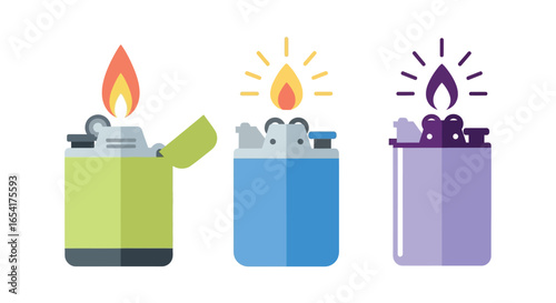 Flat design lighters vector illustration gas fire flame