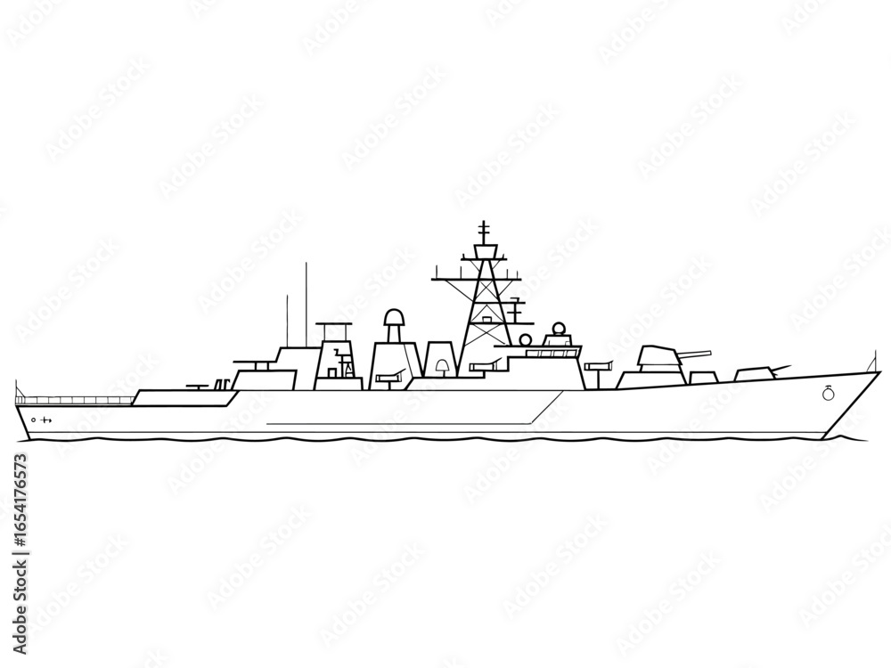 Obraz premium Outlined Military Warship Design for Naval History and Maritime Illustrations with Detailed Hull and Radar Tower on White Background