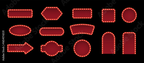 Retro casino light signs with red glossy glass surfaces and golden bulbs around the edges on black background. Circus, cinema, theater banners of various shapes. Vector illustrations set.