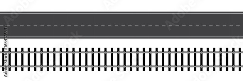 Top view of straight road and railway. Black direct road with dashed center lines and railroad track with rails and ties isolated on white background. Seamless vector illustrations.