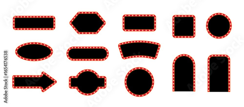 Retro casino light signs with black glossy glass surfaces and golden bulbs around the edges on white background. Circus, cinema, theater banners of various shapes. Vector illustrations set.