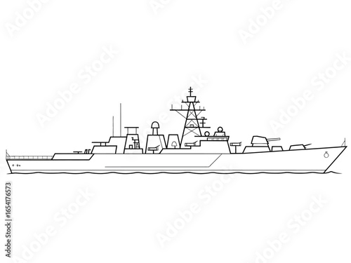 Outlined Military Warship Design for Naval History and Maritime Illustrations with Detailed Hull and Radar Tower on White Background