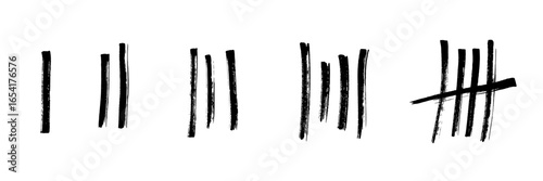 Tally marks brush strokes set. Black hand-painted counting lines in various styles, including single strokes and crossed fifth mark on white. Vector grunge ink design for counting, tracking, graphic.