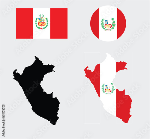 Peru flag set and map set. flag in rectangle and circle shaped and maps in black and official colours