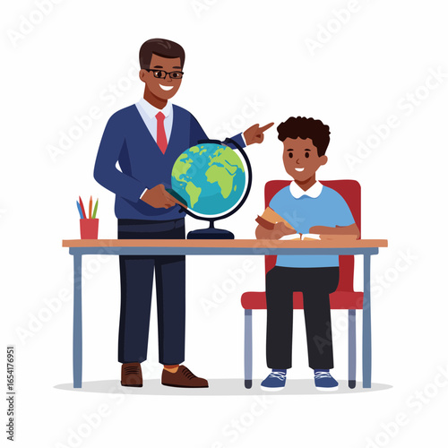 Teacher explaining globe to a student during geography class in classroom
