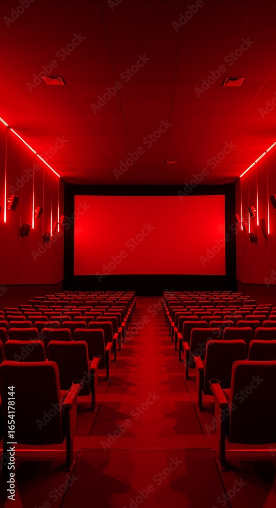 Fototapeta premium Empty Cinema Theater with Red Seats and Screen Ready for Show Time and Movie Experience