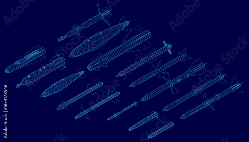 Blueprint of multiple submarines arranged in a symmetrical pattern with distinct shapes and sizes. The wireframe design highlights missile and bomb features against a deep blue background.