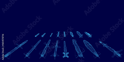 A collection of sleek wireframe rockets arranged symmetrically on a dark blue background. The sharp contrast highlights the futuristic missile designs. The balanced composition creates a visually.