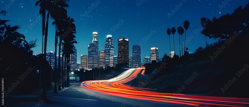 Nighttime traffic flow los angeles cityscape urban environment long exposure dynamic city life Nighttime traffic flow los angeles cityscape urban environment long exposure dynamic city life