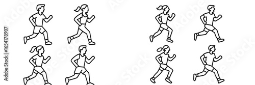Variety of runners engaged in an exercise session with different postures and movements in a minimalistic design