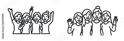 Group of cheerful young women celebrating together with smiles and peace signs at a casual gathering during daytime