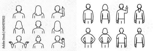 Various people facing away with different hairstyles and gestures in a minimalistic style