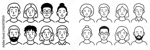 Group of diverse characters displayed in a simple, black-and-white illustration with distinct hairstyles and expressions