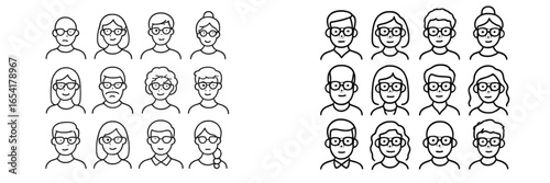 Diverse group of people with glasses illustrated in a grid format, showcasing various facial expressions and hairstyles