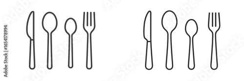 Different styles of tableware with cutlery arranged on a white background
