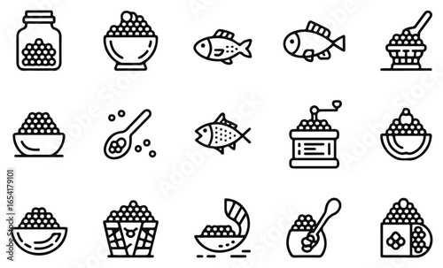 A vector collection of caviar and fish roe icons in solid and outline styles, featuring jars, bowls, spoons, fish, baskets, grinders, and serving dishes. Perfect for seafood restaurants, gourmet food 