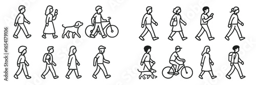 People walking and biking with dogs in a park during a sunny day