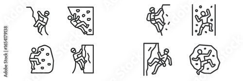 Variety of rock climbing icons depicting different climbing techniques and styles for various skill levels and environments