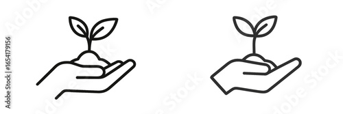 Hands nurturing a small plant, symbolizing growth and environmental care in a minimalist design