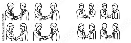 Business professionals engaging in formal handshake greetings in a corporate setting during daylight hours