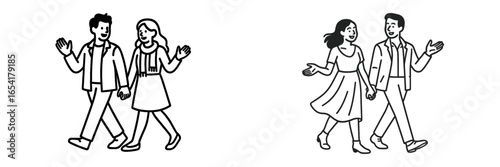 Couples walking hand in hand in a park during springtime sunshine enjoying a leisurely afternoon together