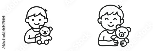 Two children happily holding teddy bears, expressing joy and affection in a simple line drawing style