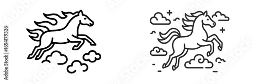 Elegant horse jumping playfully through fluffy clouds during a sunny day in a dreamy sky