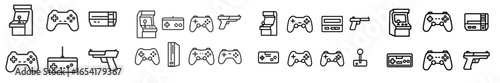 Diverse collection of gaming icons showcasing various consoles, controllers, and arcade machines for classic and modern gaming enthusiasts
