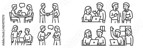 Business interactions in an office setting showcasing teamwork, communication, and collaboration among colleagues