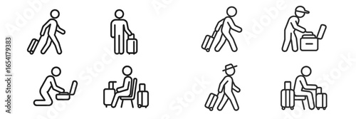 Travelers engaging in various activities at an airport during a busy day