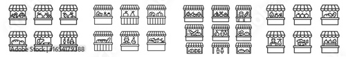 Unique line art of market stands displaying various fruits and vegetables in clear outlines and playful designs