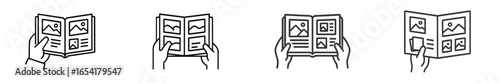 Hands showcasing various designs in open book format at a creative workspace during daytime