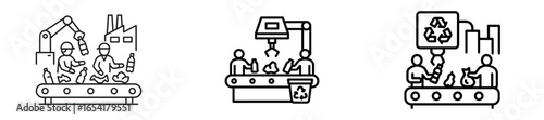 Recycling and waste management process in a modern facility featuring workers and machinery