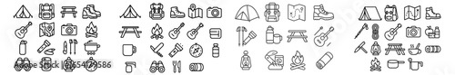 Collection of camping and outdoor adventure icons showcasing essential gear and activities for nature enthusiasts