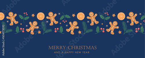 merry christmas card with gingerbread orange and fir twig decoration vector illustration