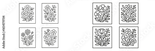 Floral illustration designs in black and white for creative coloring and decoration projects featuring various flower arrangements