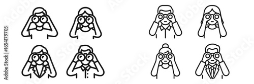Creative representations of people and animals observing their surroundings with binoculars in a playful manner