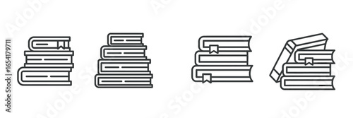 Stacked books in clean lines showcasing different arrangements of hardcover volumes on a white background