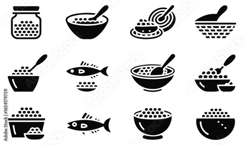 A vector collection of caviar and fish roe icons in solid and outline styles, featuring jars, bowls, spoons, fish, baskets, grinders, and serving dishes. Perfect for seafood restaurants, gourmet food 