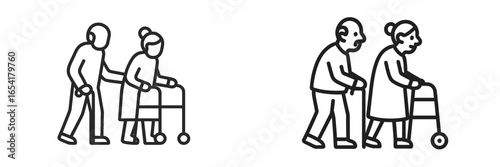 Illustrating elderly individuals assisted by caregivers while using walkers in a caring environment