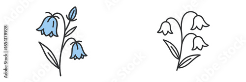 Bluebell flowers in a simple style with delicate petals and green leaves, suitable for decorative purposes or botanical illustrations