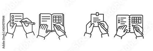 Hands engaged in writing tasks with notebooks and notepads in a productive workspace setting