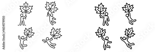 Fun and creative stick figure illustrations of people playing with leaves in a playful autumn setting