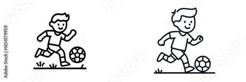 Young boy joyfully playing soccer on a grassy field during a sunny afternoon while running toward a ball