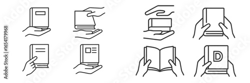 Symbolic hand drawn illustrations of various book-related activities in a minimalistic style