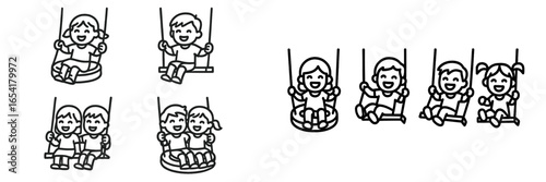 Children enjoying time on swings at a playground during sunny day with friends having fun and laughter